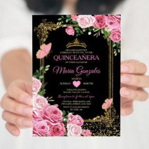 Black Pink Quinceañera Crown Butterfly 15 Anos Invitation