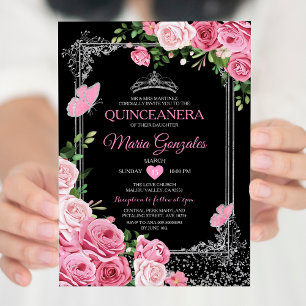 Black Pink Quinceañera Crown Butterfly 15 Anos Invitation