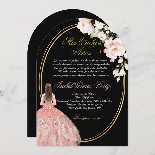 Black pink Quinceanera invitation in Spanish (Front/Back)