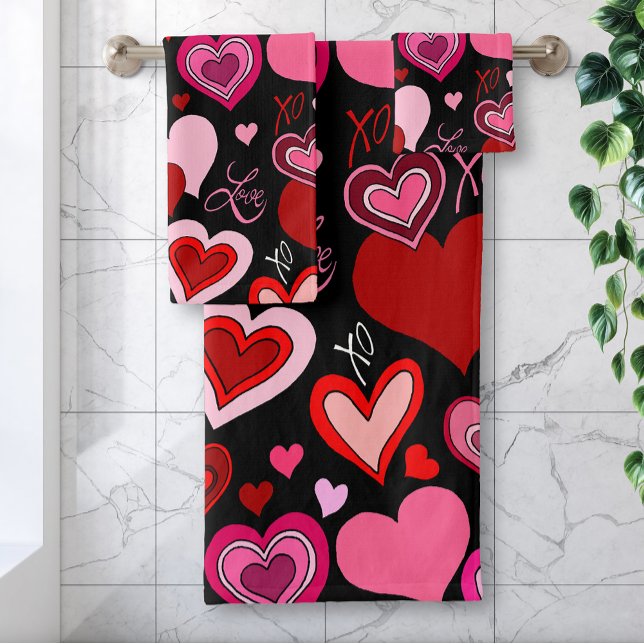 Black Pink Red Hearts Love Pattern Bath Towel Set (Creator Uploaded)