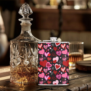 Black Pink Red Hearts Love Pattern Hip Flask