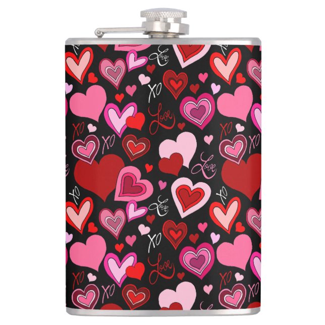 Black Pink Red Hearts Love Pattern Hip Flask (Front)