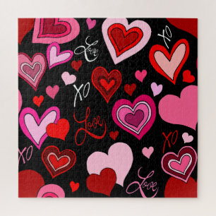 Black Pink Red Hearts Love Pattern Jigsaw Puzzle