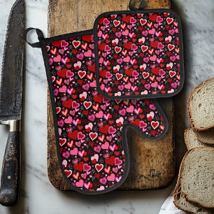 Black Pink Red Hearts Love Pattern Oven Mitt & Pot Holder Set