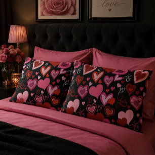 Black Pink Red Hearts Love Pattern Pillowcase