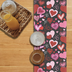 Black Pink Red Hearts Love Pattern Short Table Runner