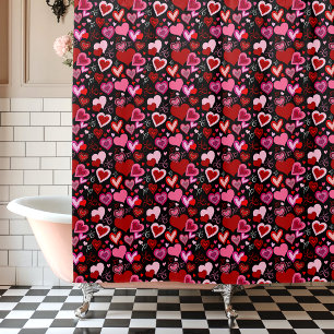 Black Pink Red Hearts Love Pattern Shower Curtain