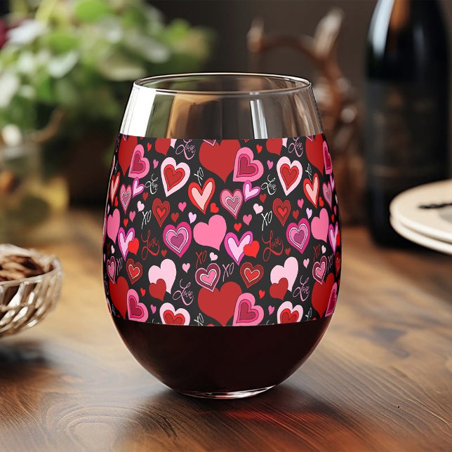 Black Pink Red Hearts Love Pattern Stemless Wine Glass (Creator Uploaded)