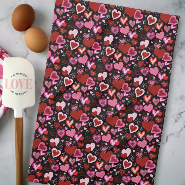 Black Pink Red Hearts Love Pattern Tea Towel (Creator Uploaded)