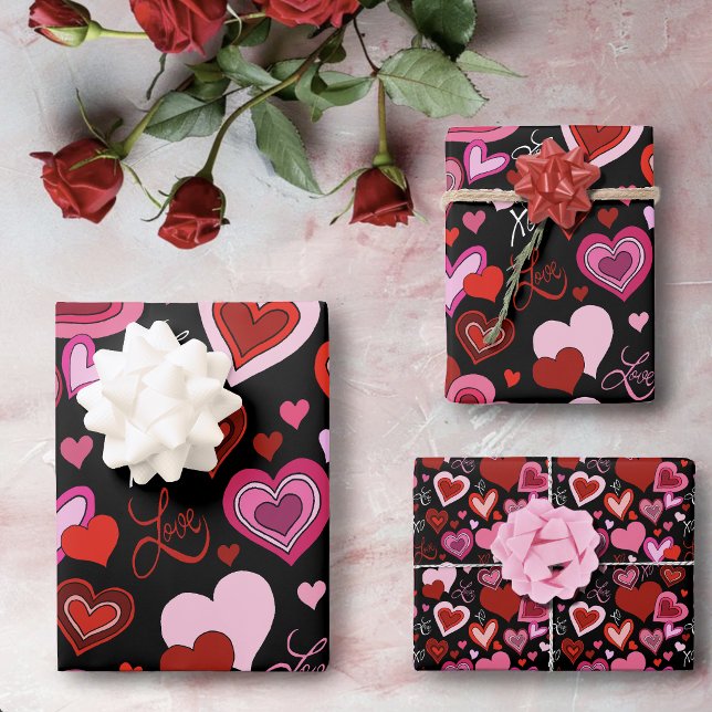 Black Pink Red Hearts Love Pattern Wrapping Paper Sheet (Creator Uploaded)