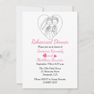 Black & Pink Rehearsal Dinner Bride & Groom Hearts Invitation