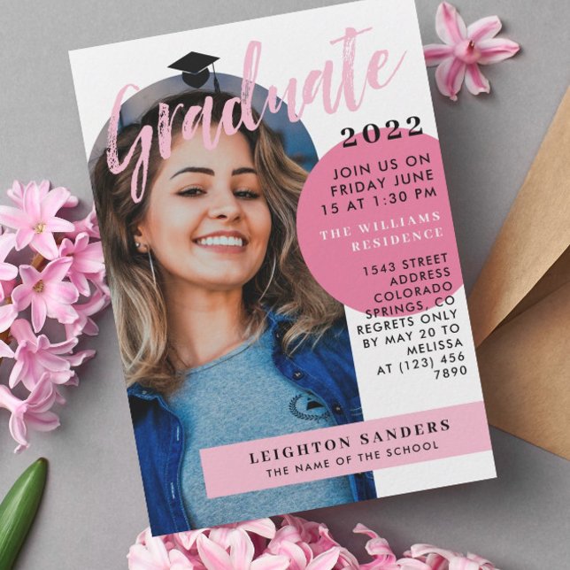 Black Pink Retro Arch Photo Graduation Invitation (Creator Uploaded)