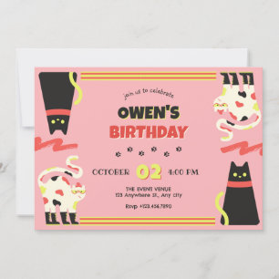 Black Pink retro cat birthday Invitation