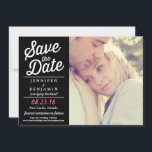 Black & Pink Retro Script Photo Save the Date Card<br><div class="desc">Customisable save the date card featuring a splash of pink. Matching items are available.</div>