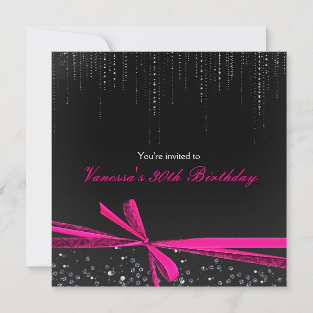 Black Pink Ribbon Bow Rhinestone Party Invitations (Front)