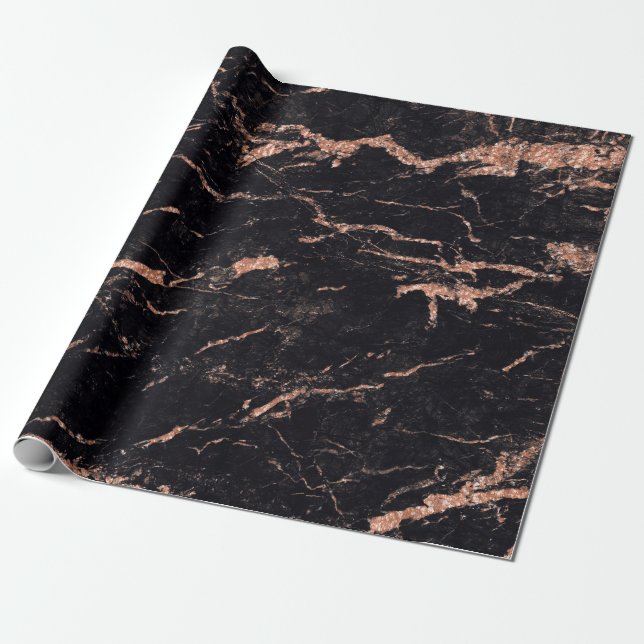Black Pink Rose Blush Stripes Marble Stone Glam Wrapping Paper (Unrolled)