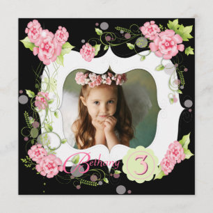 Black Pink Rose Girls Photo 3rd Birthday Party Invitation