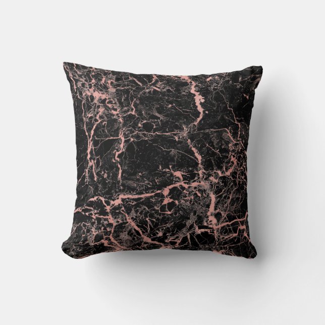 Black Pink Rose Gold Abstract Marble Glam Cushion (Front)