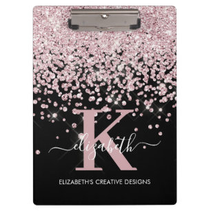 Black Pink Rose Gold Diamond Glitter Monogrammed Clipboard