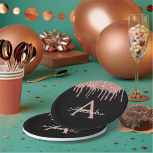 Black Pink Rose Gold Glitter Monogram Birthday Paper Plate