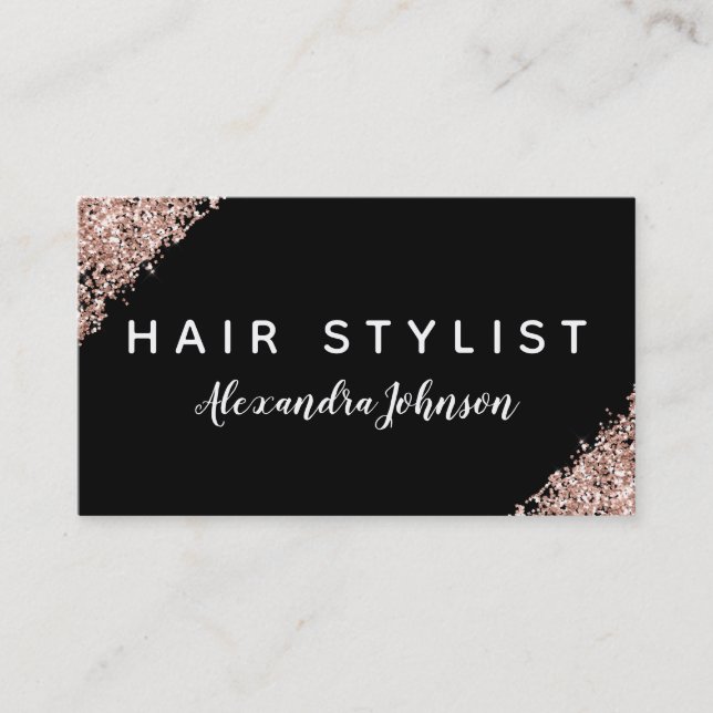 Black Pink Rose Gold Glitter Sparkle Hair Stylist Business Card (Front)