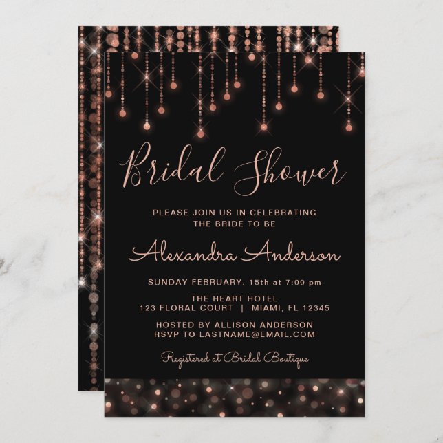 Black Pink Rose Gold String Lights Bridal Shower Invitation (Front/Back)