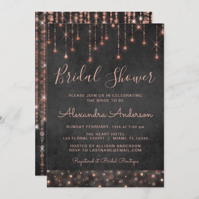 Black Pink Rose Gold String Lights Bridal Shower Invitation (Front/Back)