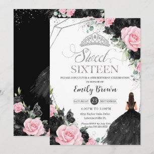 Black Pink Roses Floral Princess Sweet 16 Silver Invitation