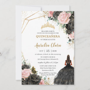 Black Pink Roses Floral Quinceañera Sweet Sixteen Invitation