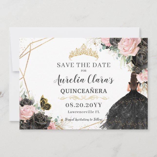Black Pink Roses Floral Quinceanera Sweet Sixteen  Save The Date (Front)