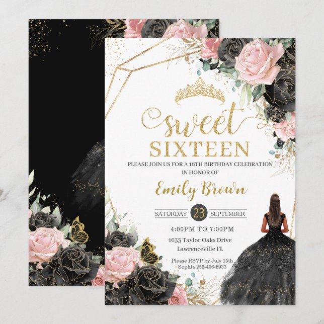 Black Pink Roses Floral Tan Princess Sweet Sixteen Invitation (Front/Back)