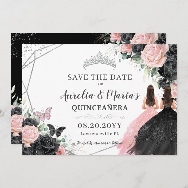 Black Pink Roses Floral Twins Quinceanera Sweet 16 Save The Date (Front/Back)