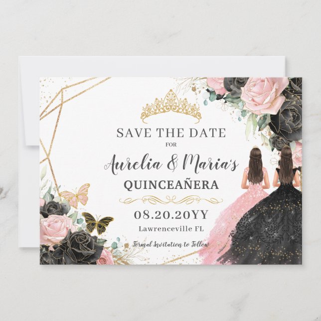 Black Pink Roses Floral Twins Quinceanera Sweet 16 Save The Date (Front)