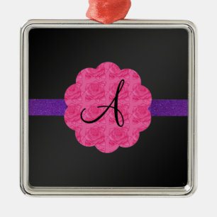Black pink roses monogram metal ornament