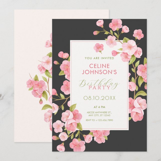 Black Pink sakura blossom flower bloom birthday Invitation (Front/Back)