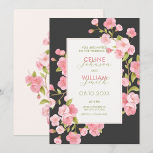 Black Pink sakura blossom flower bloom wedding  Invitation