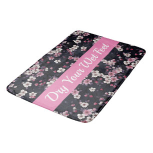 Black Pink Sakura Flowers, Pattern Design, Bath Mat