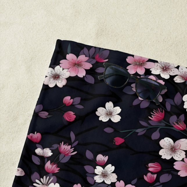 Black Pink Sakura Flowers, Pattern Design,  Beach Towel (In Situ)