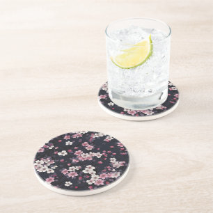 Black Pink Sakura Flowers, Pattern Design,  Coaster