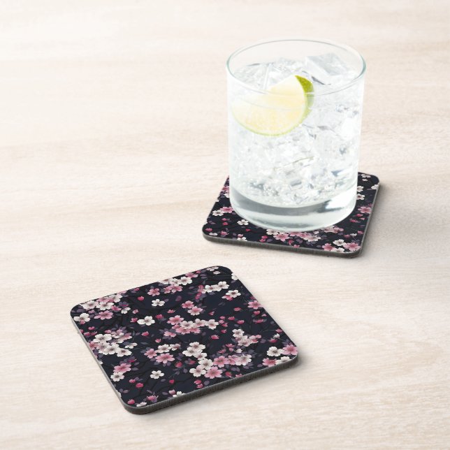 Black Pink Sakura Flowers, Pattern Design,  Coaster (Right Side)