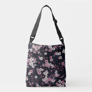 Black Pink Sakura Flowers, Pattern Design, Crossbody Bag