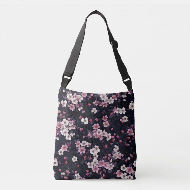 Black Pink Sakura Flowers, Pattern Design,  Crossbody Bag (Front)
