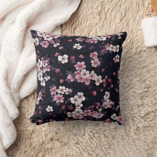 Black Pink Sakura Flowers, Pattern Design, Cushion