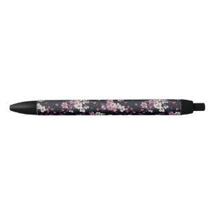 Black Pink Sakura Flowers, Pattern Design,  Ink Pen