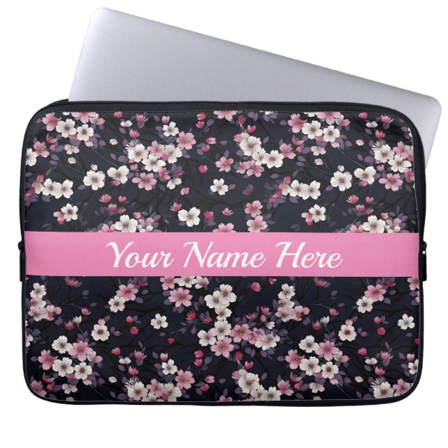 Black Pink Sakura Flowers, Pattern Design,  Laptop Sleeve (Front)