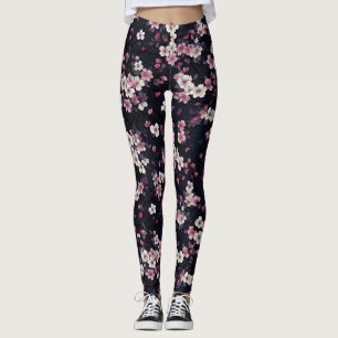 Black Pink Sakura Flowers, Pattern Design,  Leggings