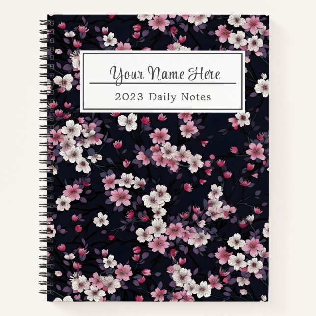 Black Pink Sakura Flowers, Pattern Design,  Notebook (Front)