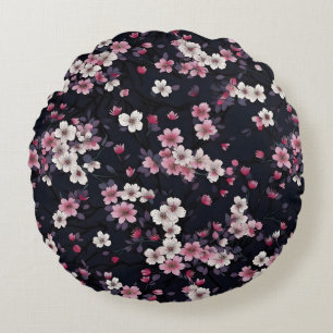 Black Pink Sakura Flowers, Pattern Design, Round Cushion