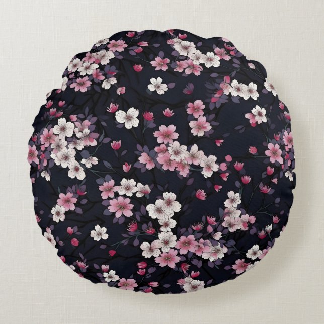 Black Pink Sakura Flowers, Pattern Design,  Round Cushion (Front)