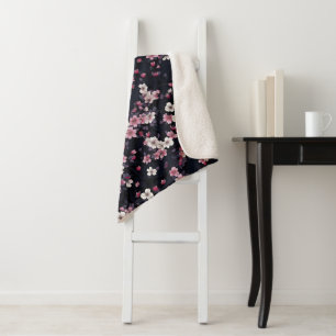 Black Pink Sakura Flowers, Pattern Design, Sherpa Blanket